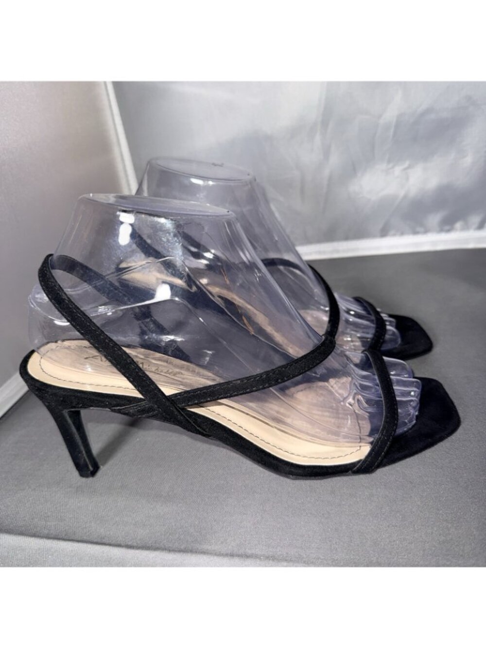 Anne Michelle Black Strappy Slingback Square Toe Heels Size 7 - Picture 2 of 5